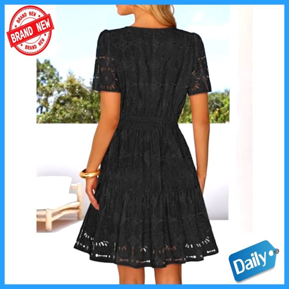 Lace Eyelet Mini Dress with Puff Sleeves and Side Pockets - Picture 4 of 7